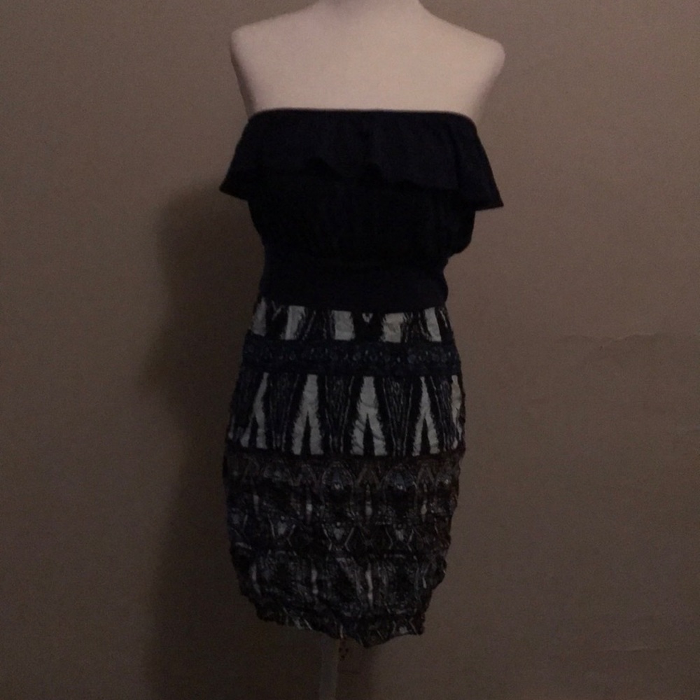 Strapless dark blue flowing hippy dress